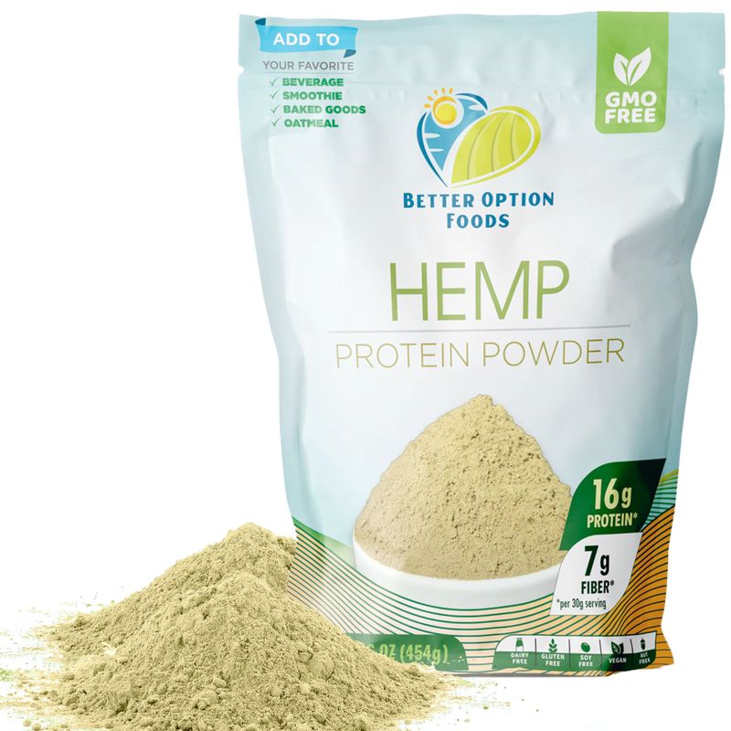 Better Option Foods Hemp Protein Powder - Easy-to-Digest Fiber Protein Powder for Oatmeal, Smoothies &amp; Baked Goods - Non GMO, Zero Dairy &amp; Gluten Free, Vegan, Plant Based Protein Powder, 16 oz