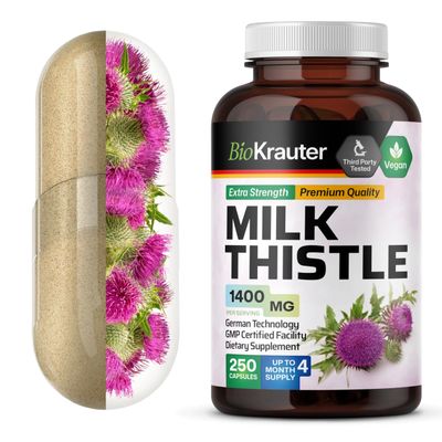 BIO KRAUTER Milk Thistle Capsules 1400 mg - 250 Count - Liver Detox &amp; Cleanse Supplement - Vegan Silymarin Capsules - Milk Thistle Powder - Non GMO