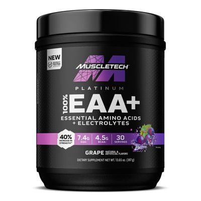 MuscleTech Platinum Essential Amino Acids Supplement with Electrolytes, Grape - Pre-Workout Powder for Energy, Muscle Growth Strength Builder - EAA Complex for Men Women - 30 Servings