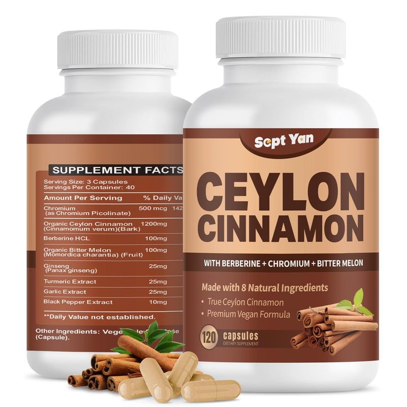 Ceylon Cinnamon Capsules 1200mg Cinnamon Bark Supplements with Chromium, Berberine HCL Turmeric, Vegan, 120 Capsules, Energy, Metabolism, Heart Immune Support