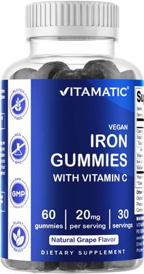 Vitamatic Iron Gummies Supplement for Women &amp; Men - 20mg Serving - 60 Vegan Gummies - Great Tasting Iron Gummy Vitamins with Vitamin C (60 Count (Pack of 1))
