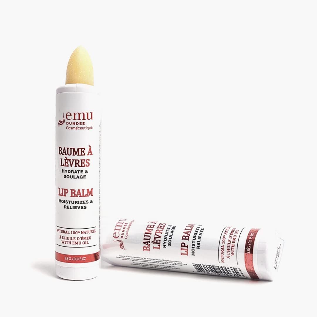 Emu Dundee | 2 Tubes of Natural Lip Balm with Emu Oil, Made in Canada | Relieves, Hydrates and Soothes Dry, Cracked &amp; Chapped Lips | Fragrance Free(2x 3.8g)