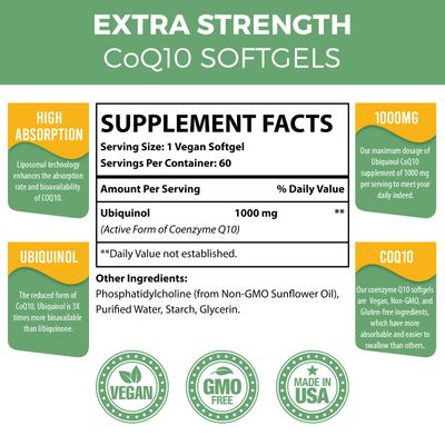 Mecinalis 1000mg Liposomal CoQ10 Softgels | Better Absorption CoQ10 Ubiquinol Supplement | Heart Function &amp; Energy Production | Active Antioxidant Form of Vegan Coenzyme Q10 | Non-GMO | 120 Softgels