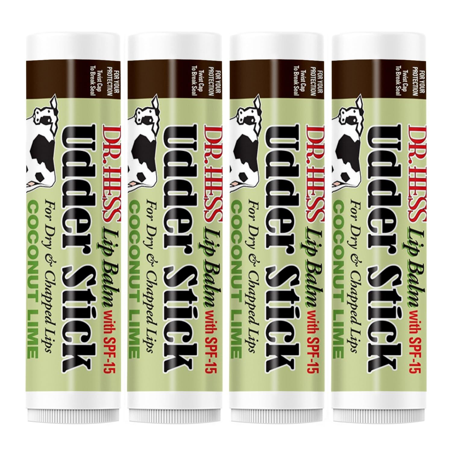 Dr. Hess Original Udder Stick SPF Lip Balm, Soothing Moisturizer Sun Screen Balm for Dry Lips with Jojoba, Beeswax &amp; Shea Butter, Total Lip Care, Hydration &amp; Repair, Coconut-Lime Flavor, 4 Pack