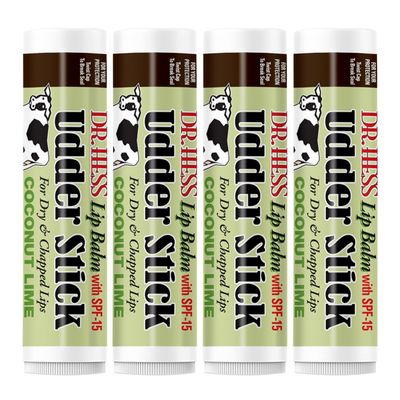 Dr. Hess Original Udder Stick SPF Lip Balm, Soothing Moisturizer Sun Screen Balm for Dry Lips with Jojoba, Beeswax &amp; Shea Butter, Total Lip Care, Hydration &amp; Repair, Coconut-Lime Flavor, 4 Pack