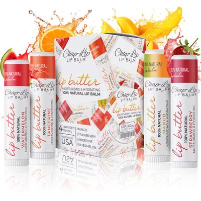 CHAP-LIP 100 All Natural Lip Balm Hydrating Bulk Chap Stick with Fruit Flavors, Coconut Oil, Cocoa Butter - Christmas Gift Stocking Stuffers Lip Therapy Pack for Men and Women - Made in USA, 60 Pack