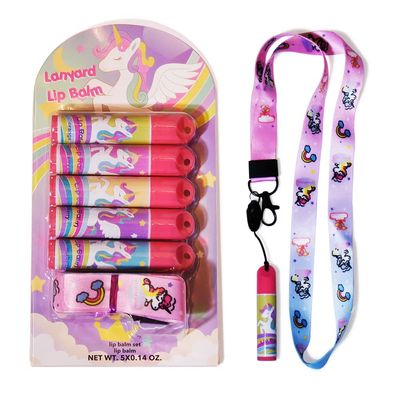 Mebtmel 5 Pcs Fruit Flavored Lip Balm Set With Lanyard, Unicorn, Lip Care to Moisturize Dry Lips