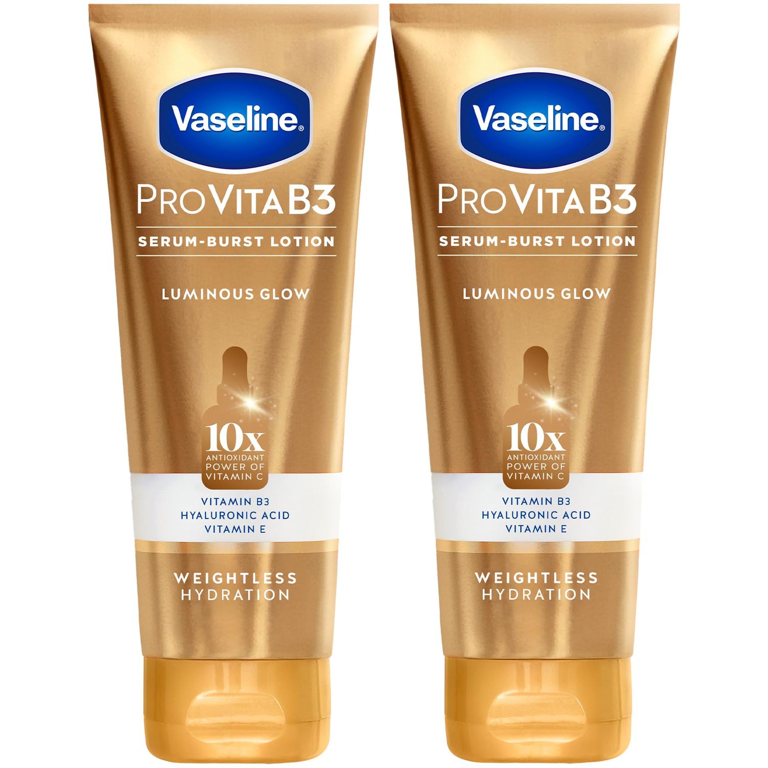 Vaseline Lotion, Pro VitaB3 Serum-Boost, Luminous Glow, 2-Pack - Weightless Hydration with Niacinamide, Hyaluronic Acid &amp; Vitamin E, 7.5 Oz Ea