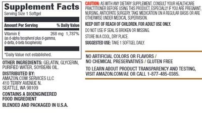 Amazon Elements Vitamin E, 400 IU, 100 Softgels, 100 days of supply (Packaging may vary)