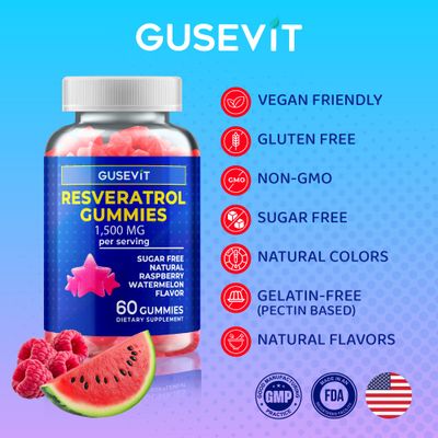 Gusevit - Resveratrol Gummies - Sugar Free, Natural Raspberry Watermelon Flavor, Powerful Antioxidant, Anti-Aging &amp; Immune Support - Vegan Friendly &amp; Gluten Free