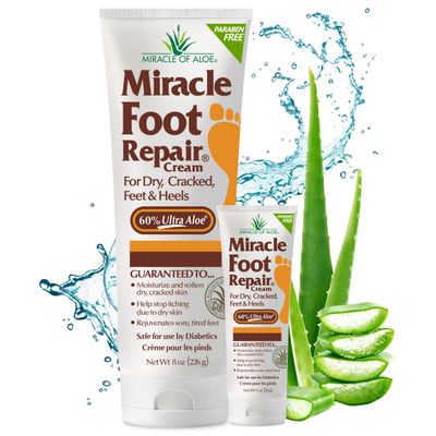Miracle Foot Repair Cream (8 oz &amp; 1 oz) Repairs Dry Cracked Heels and Feet, 60 Pure UltraAloe Moisturizes, Softens, and Repairs