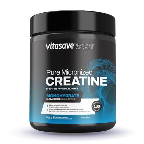 Vitasave Micronized Creatine Monohydrate Powder - 100 Pure Creatine for Muscle Growth, Strength &amp; Performance - Fast-Absorbing, Ultra-Fine &amp; Unflavored - Vegan - 100 Servings (500g, Made in Canada)