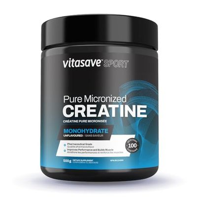 Vitasave Micronized Creatine Monohydrate Powder - 100 Pure Creatine for Muscle Growth, Strength &amp; Performance - Fast-Absorbing, Ultra-Fine &amp; Unflavored - Vegan - 100 Servings (500g, Made in Canada)