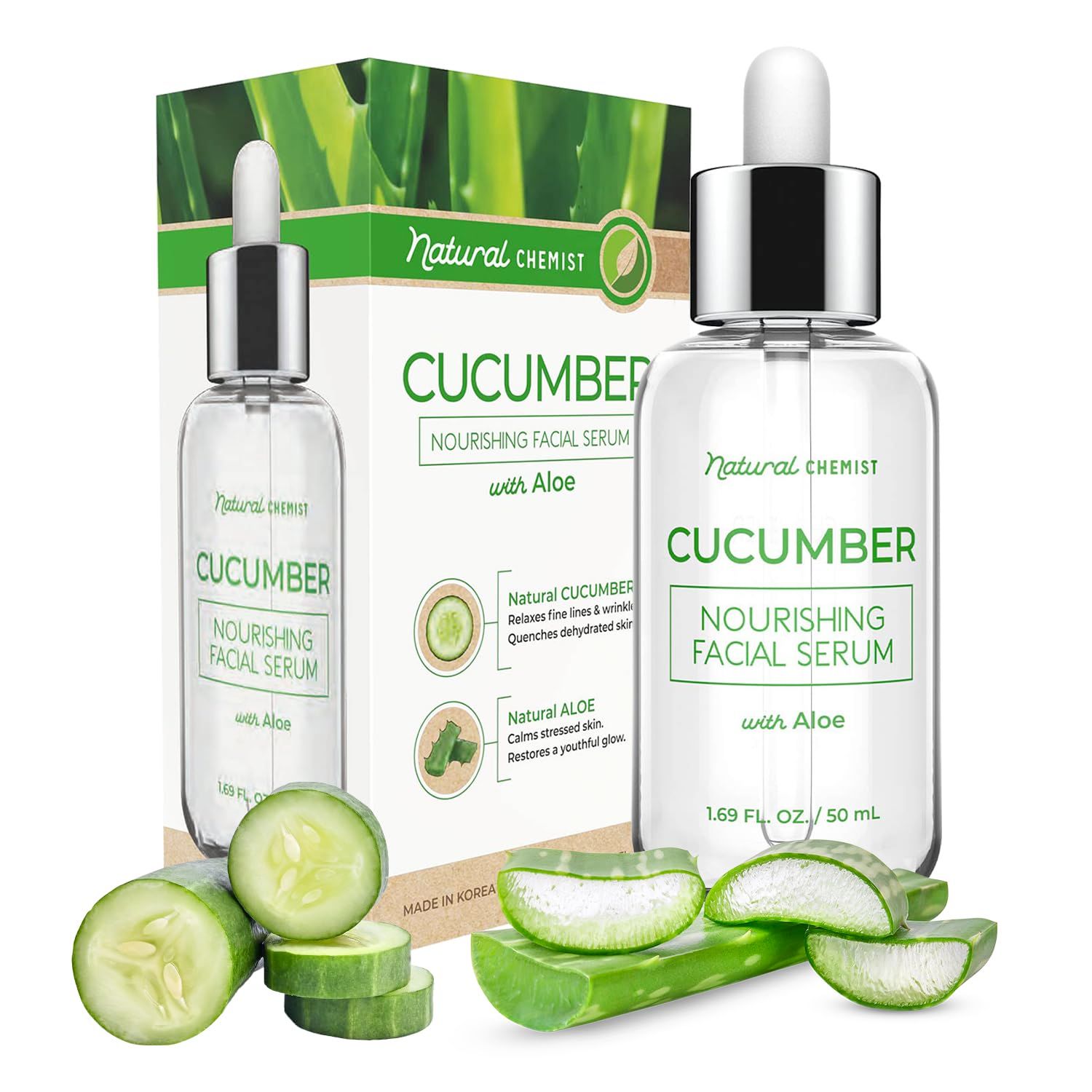 Natural Chemist Cucumber &amp; Aloe Face Serum - Dermatologist Tested, Hydrates &amp; Moisturizes Dry Skin, Reduces Redness, Soothing, Anti-Aging, Cruelty Free Korean Skin Care For All Skin Types - 1.69 oz