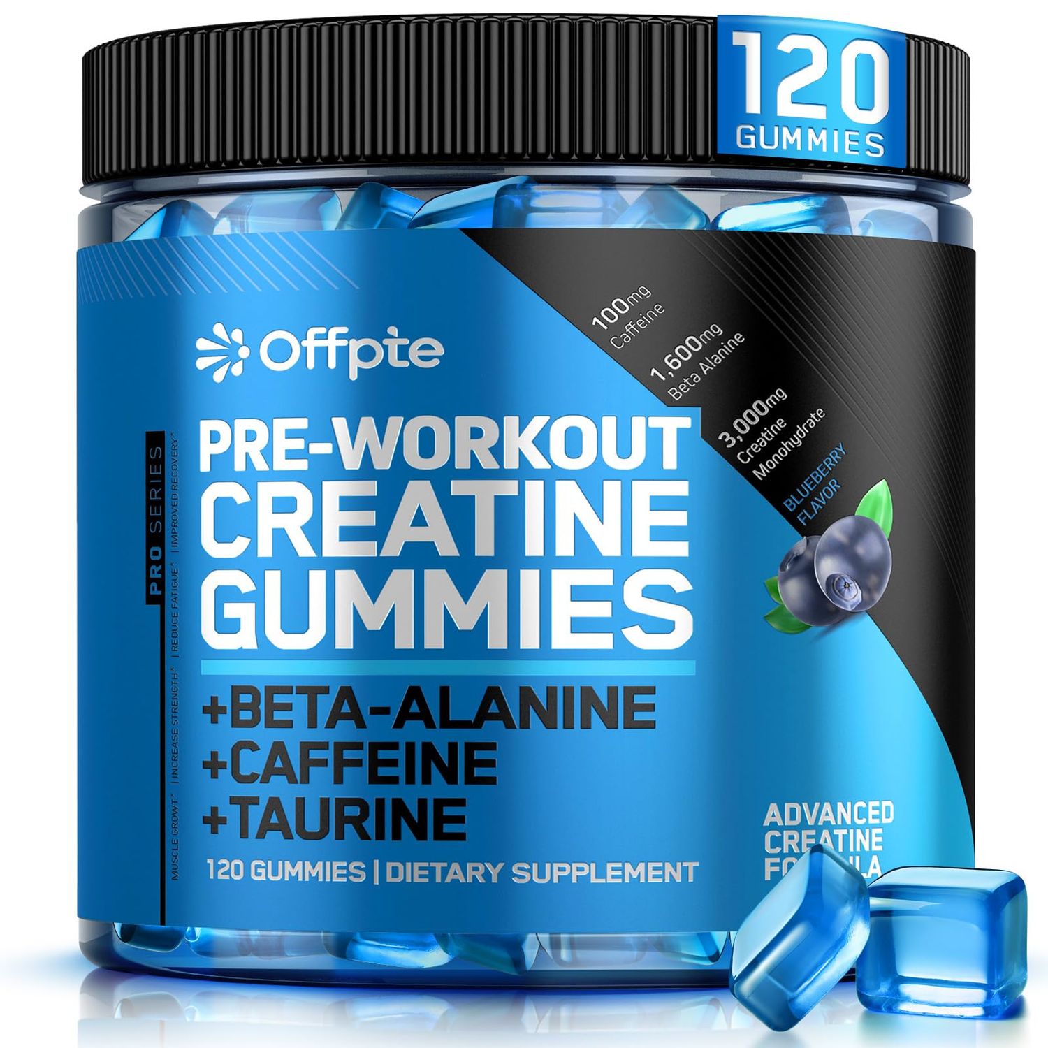 OFFPTE Pre Workout Gummies with Creatine Monohydrate, Beta-Alanine,Taurine for Strength &amp; Endurance, Preworkout Energy Cheweable Gummies Sugar-Free for Men &amp; Women, 120 Gummies, Blueberry Flavor