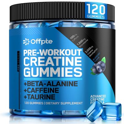OFFPTE Pre Workout Gummies with Creatine Monohydrate, Beta-Alanine,Taurine for Strength &amp; Endurance, Preworkout Energy Cheweable Gummies Sugar-Free for Men &amp; Women, 120 Gummies, Blueberry Flavor