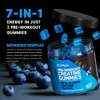 OFFPTE Pre Workout Gummies with Creatine Monohydrate, Beta-Alanine,Taurine for Strength & Endurance, Preworkout Energy Cheweable Gummies Sugar-Free for Men & Women, 120 Gummies, Blueberry Flavor