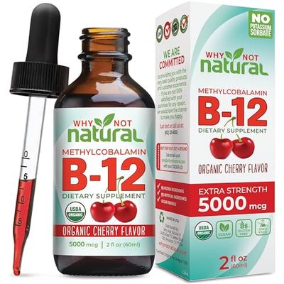 Why Not Natural Organic Vitamin B12 Liquid - Sublingual Extra Strength 60 x 5000 mcg Methylcobalamin Drops, Vegan, Maximize Absorption and Energy