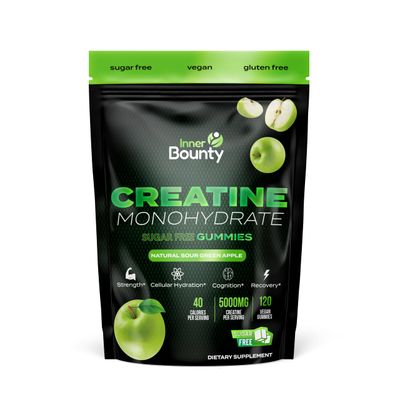 Inner Bounty Sugar Free Creatine Monohydrate Gummies 5g, Natural Sour Green Apple - 120 Vegan Chews for Men and Women. Cognition and Muscle Support, Cellular Energy - Non-GMO &amp; Gluten-Free