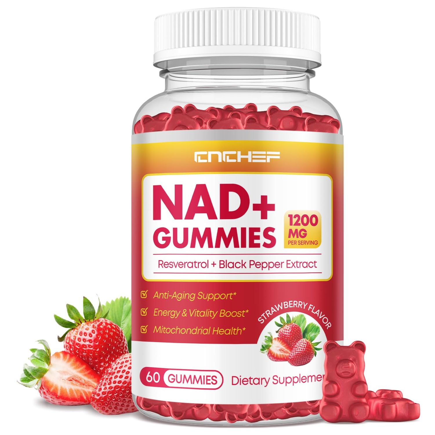 NAD Gummies, 1200mg Liposomal NAD Supplement for Women &amp; Men with Trans-Resveratrol &amp; Black Pepper Extract Anti-Aging Supplement, Brain &amp; Cellular Mitochondrial Health Vegan Gluten Free - 60 Gummies