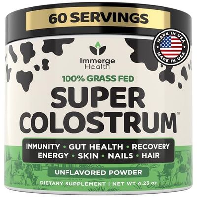 Super Colostrum Grass Fed Bovine Colostrum Powder for Bloating, Immune, Energy, Gut Health Hair, Skin and Nails Colostrum Supplement | 50 IgG Cow Colostrum for Humans | Superfood for Women and Men