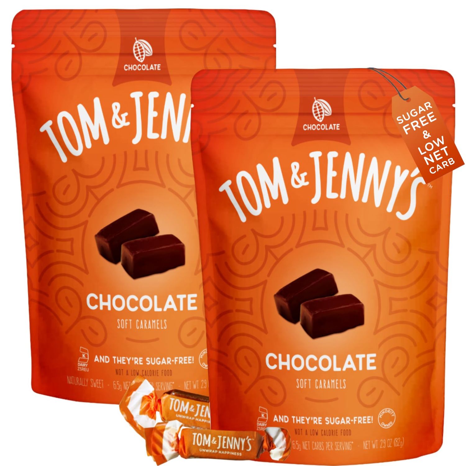 Tom &amp; Jenny&#39;s Sugar Free Candy (Chewy Soft Caramel Candy) with Sea Salt - Low Net Carb Keto Candy - Sugar Free Caramel with Xylitol &amp; Maltitol (Chocolate Caramel Candy Individually Wrapped 2-pack)
