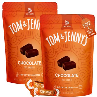 Tom &amp; Jenny&#39;s Sugar Free Candy (Chewy Soft Caramel Candy) with Sea Salt - Low Net Carb Keto Candy - Sugar Free Caramel with Xylitol &amp; Maltitol (Chocolate Caramel Candy Individually Wrapped 2-pack)