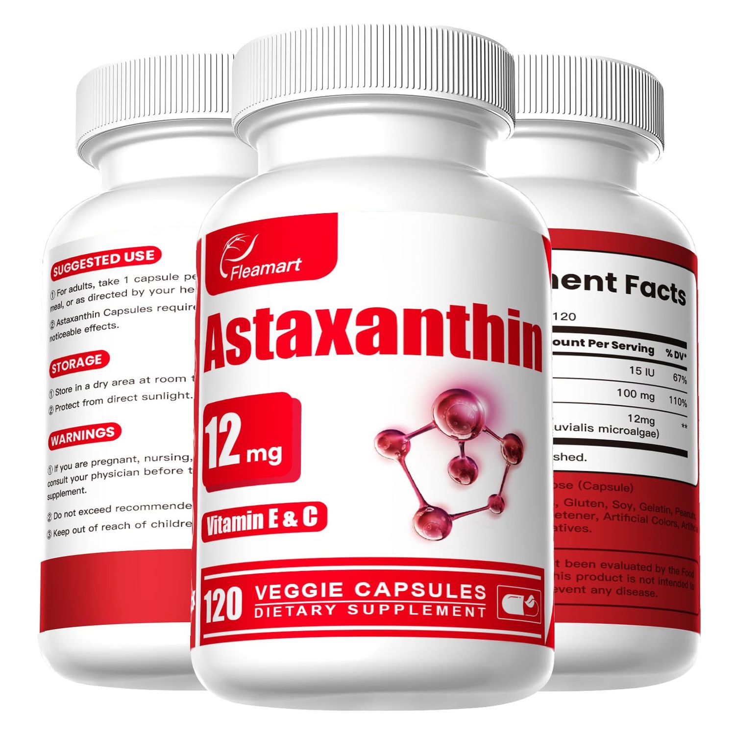 Fleamart Astaxanthin Supplements 12mg with Vitamin E &amp; C High Absorption Formula 120 Capsules Gluten Free, Non-GMO, Vegan
