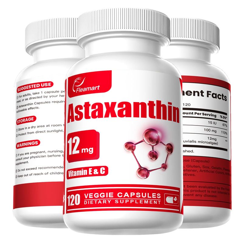 Fleamart Astaxanthin Supplements 12mg with Vitamin E &amp; C High Absorption Formula 120 Capsules Gluten Free, Non-GMO, Vegan