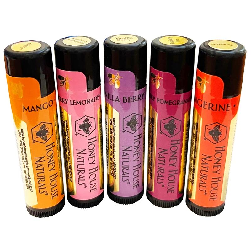 Honey House Naturals Lip Butter Gift Set - Rich &amp; Anti-Aging - All Natural Ultra Moisturizing Lip Butter Infused with Essential Oils - 5 Piece Set - Made in the USA