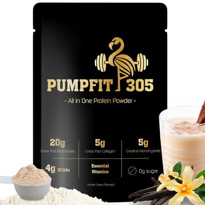 PUMPFIT 305 Grass Fed Beef Protein Powder Isolate, 41g Protein, 5g Creatine Monohydrate, 4g BCAA Powder, 5g Collagen, Probiotics, NO Bloat, Muscle Recovery, Post Workout Recovery Powder - 15 Servings