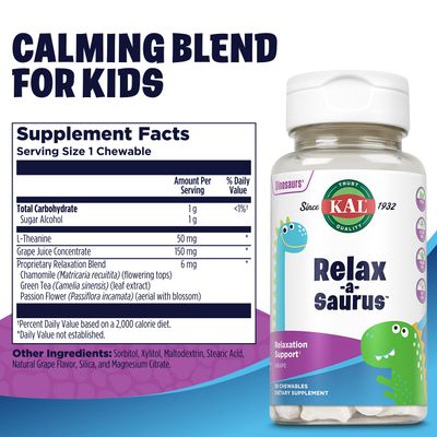 KAL Relax-a-Saurus, Stress Support Supplement for Kids, L-Theanine for Children with Herbal Stress Relief &amp; Relaxation &amp; Blend, Delicious Natural Grape Flavor, 60-Day Guarantee, 30 Chewables