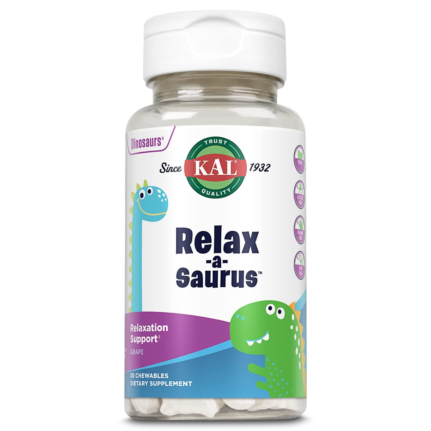 KAL Relax-a-Saurus, Stress Support Supplement for Kids, L-Theanine for Children with Herbal Stress Relief &amp; Relaxation &amp; Blend, Delicious Natural Grape Flavor, 60-Day Guarantee, 30 Chewables