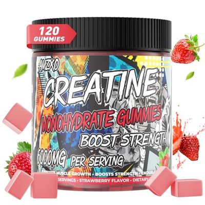 AMZXO Creatine Monohydrate Gummies 6g for Men Women,Complex Creatine Monohydrate Chewable for Muscle Strength,Muscle Building,Energy Boost,Pre-Workout Energy Supplement,Vegan Strawberry - 120 Count