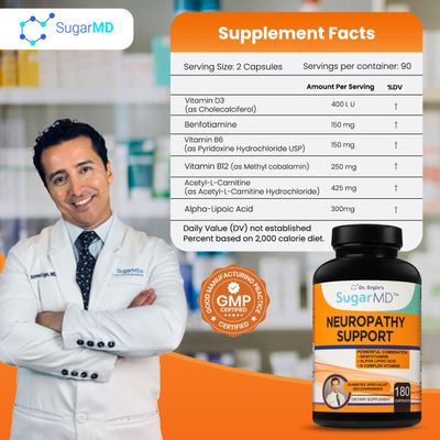 SugarMD Neuropathy Support Supplement - 180 Nerve Supplement Capsules with Alpha Lipoic Acid, Benfotiamine &amp; Vitamin D3 B6 B12 - Nerve Support Supplement for Feet Hands Fingers &amp; Legs - 90 Day Supply