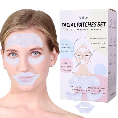 Yeokoe Forehead Wrinkle Patches,Under Eye Patches and Lip Mask 30 PCS. Face Masks Skincare With Retinol Serum For Anti-aging Puffy Eyes and Dark Circles