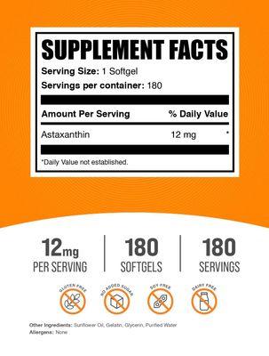 BulkSupplements.com Astaxanthin 12mg Softgels - Astaxanthin Supplements, Antioxidant Source - Gluten Free, 1 Softgel per Serving, 180 Count (Pack of 1)