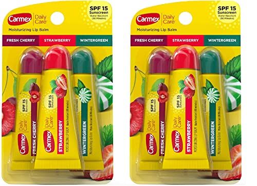 Carmex Daily Care Moisturizing Lip Balm Tubes with SPF, Fresh Cherry, Strawberry and Wintergreen Lip Balm Pack, 0.35 OZ - 3 Count (Pack of 2)