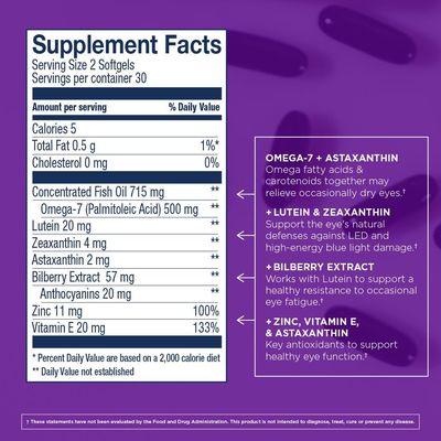 Wiley's Finest Wild Alaskan Fish Oil Bold Vision - Fish Oil Eye Health Supplement with Lutein, Zeaxanthin, Bilberry, Omega-7, Vitamin E, and Zinc - 60 Softgels (30 Servings)