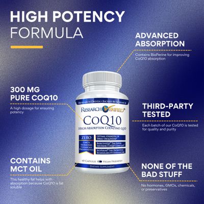 Research Verified CoQ10-100 Pure Extra Strength 300mg CoQ10 - Improved Absorption and Bioavailability with Bioperine - Boost Antioxidant Levels, Improve Cardiovascular Health, 60 Vegan Capsules