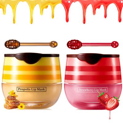 Bee Lip Balm Honey Pot, 2 PCS Honey &amp; Strawberry Lip Sleeping Mask Hydrating Propolis Lip Balm with Stick, Prevention Dry and Cracked Lip Scrubs Reduces Lip Wrink (HoneyStrawberry)