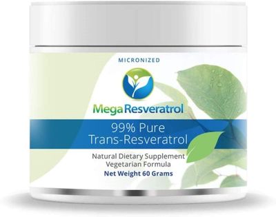 Mega Resveratrol Powder, Pharmaceutical Grade, 99 Pure Micronized Trans-Resveratrol, 60 Grams Powder, Purity Certified. Excipients Free.