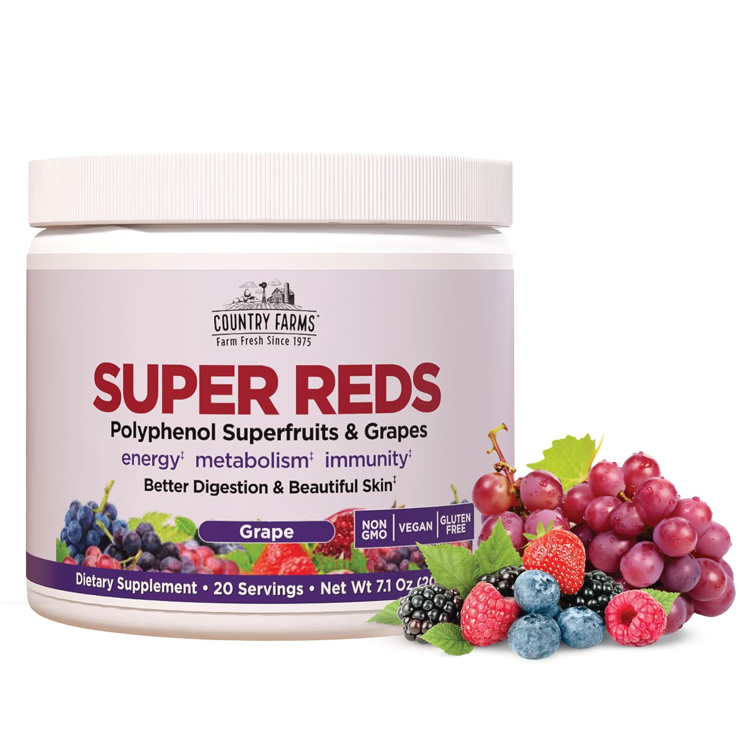 COUNTRY FARMS Super Reds, Energizing Polyphenol Superfood, 40 Super Fruits and Berries, Powerful Antioxidants and Polyphenols, Supports Energy and Immunity, 20 Servings, Grape Flavor