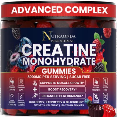 NUTRAONDA Pre-Workout Gummies - 120-Count Creatine Monohydrate Gummies for Men and Women - Pre-Workout Supplement with BCCA, L-Carnitine, Taurine for Muscle Growth, Energy, Performance - Berry Flavor