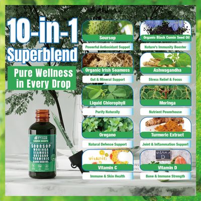 Soursop Pure Liquid Drops 10 in 1 with Sea Moss, Moringa, Turmeric, Black Seed Oil, Oregano, Ashwagandha | Herbal extracts for Overall Health-Enhancing | Vegan, Non-GMO | 4 Fl Oz