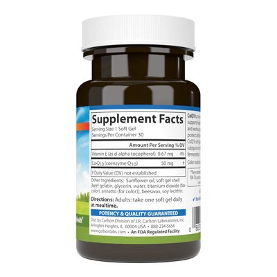 Carlson - Co-Q10, Co-Enzyme Q10, 50 mg, Energy Production &amp; Heart Function, 30 Softgels