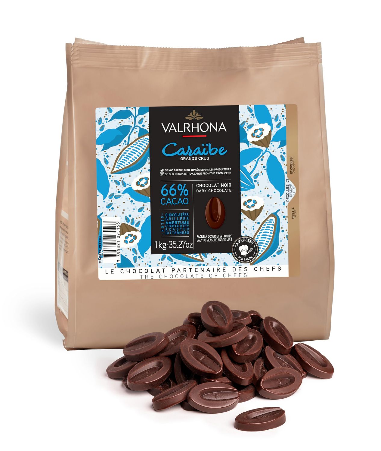 Valrhona Dark French Chocolate Discs for Baking (Feves). Premium CARABE 66 Cacao Grand Cru Blend. Easy Melt &amp; Tempering. Cookies, Cakes, Mousses, Frostings, Hot Chocolate, Candies 1kg (Pack of 1)