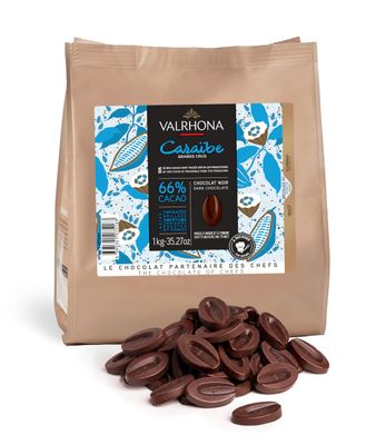 Valrhona Dark French Chocolate Discs for Baking (Feves). Premium CARABE 66 Cacao Grand Cru Blend. Easy Melt &amp; Tempering. Cookies, Cakes, Mousses, Frostings, Hot Chocolate, Candies 1kg (Pack of 1)