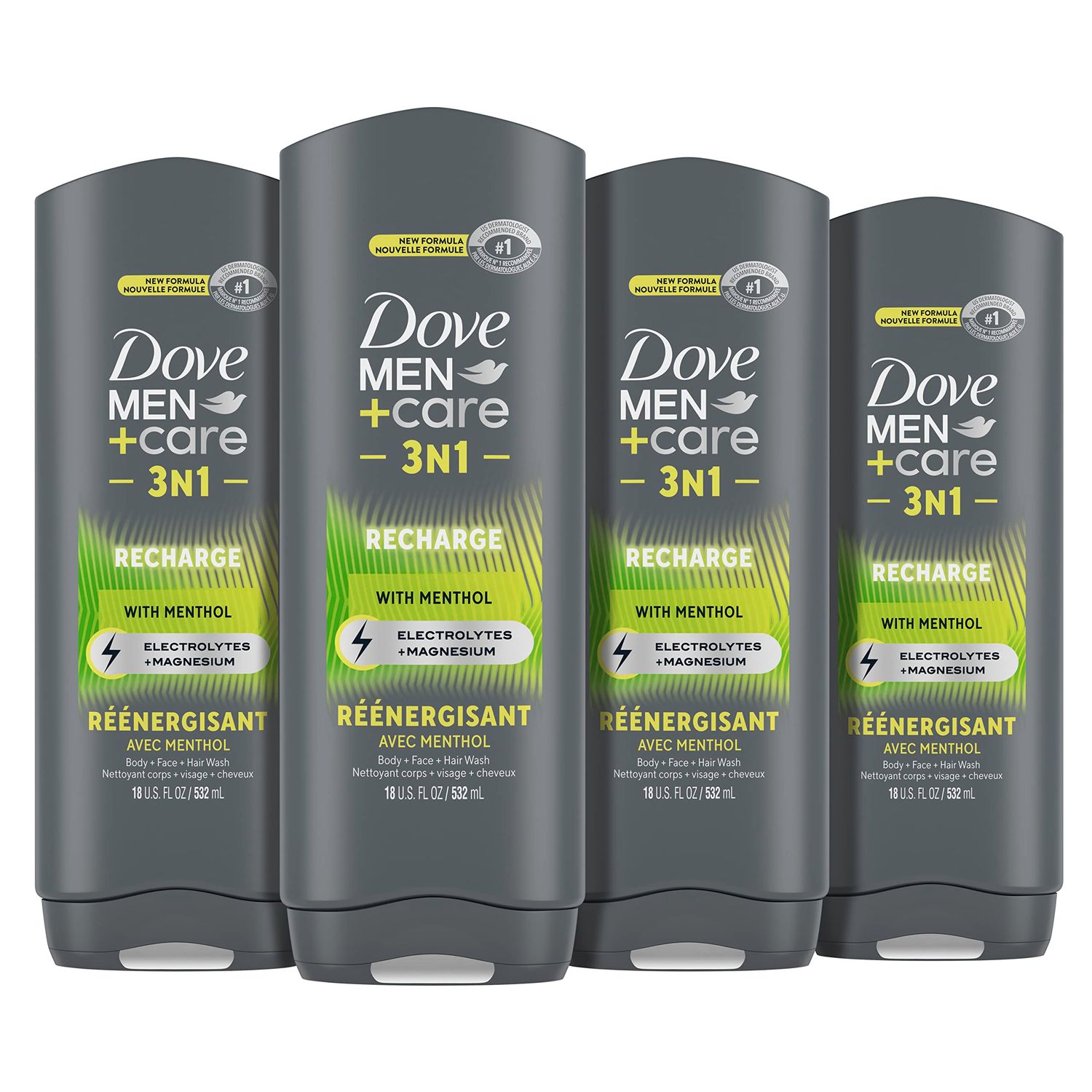 DOVE MEN CARE Post-Workout Body Wash 3N1 Recharge 4 Count For Men With Menthol, 18 oz