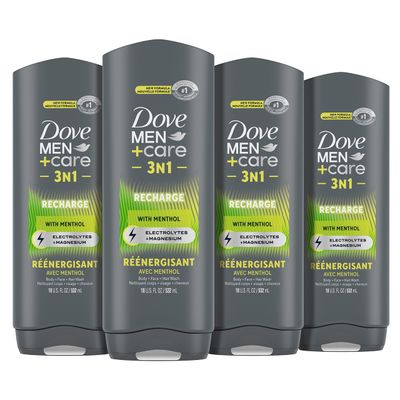 DOVE MEN CARE Post-Workout Body Wash 3N1 Recharge 4 Count For Men With Menthol, 18 oz